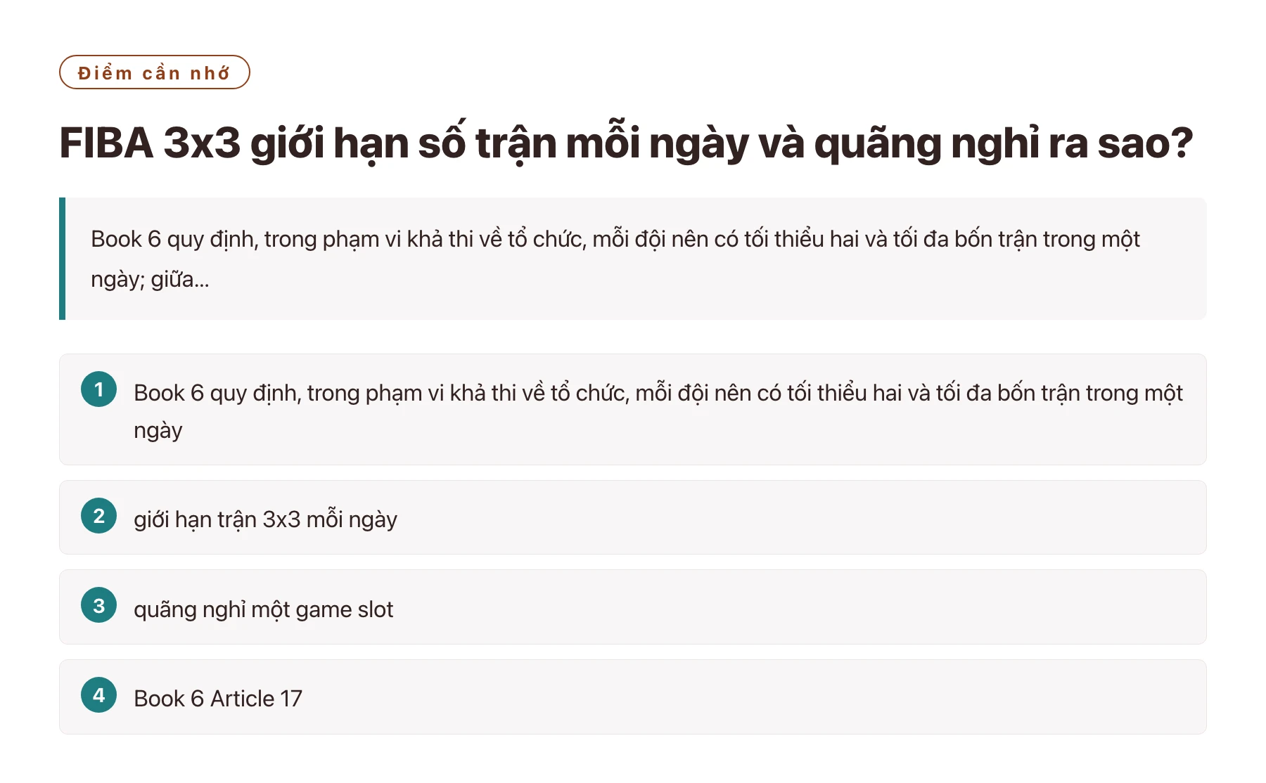 FIBA 3x3 giới hạn số trận mỗi ngày và quãng nghỉ ra sao?——全文要点速览